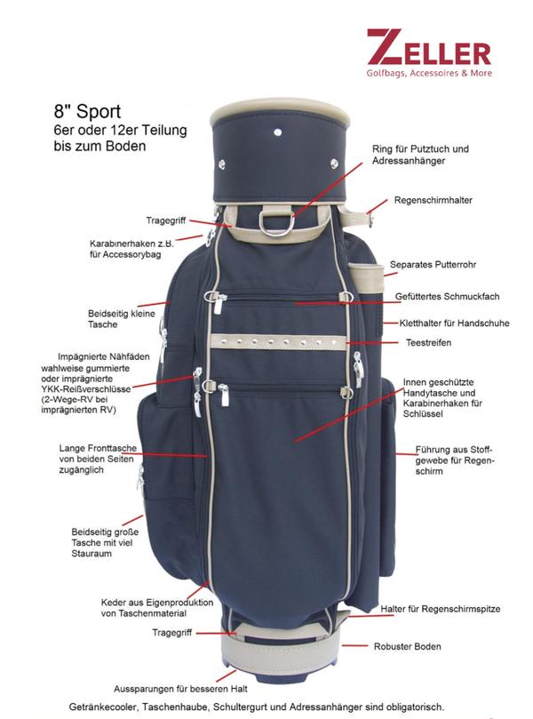 ZELLER Sport 8" Cartbag Golftasche Rindleder inklusive Accessoires